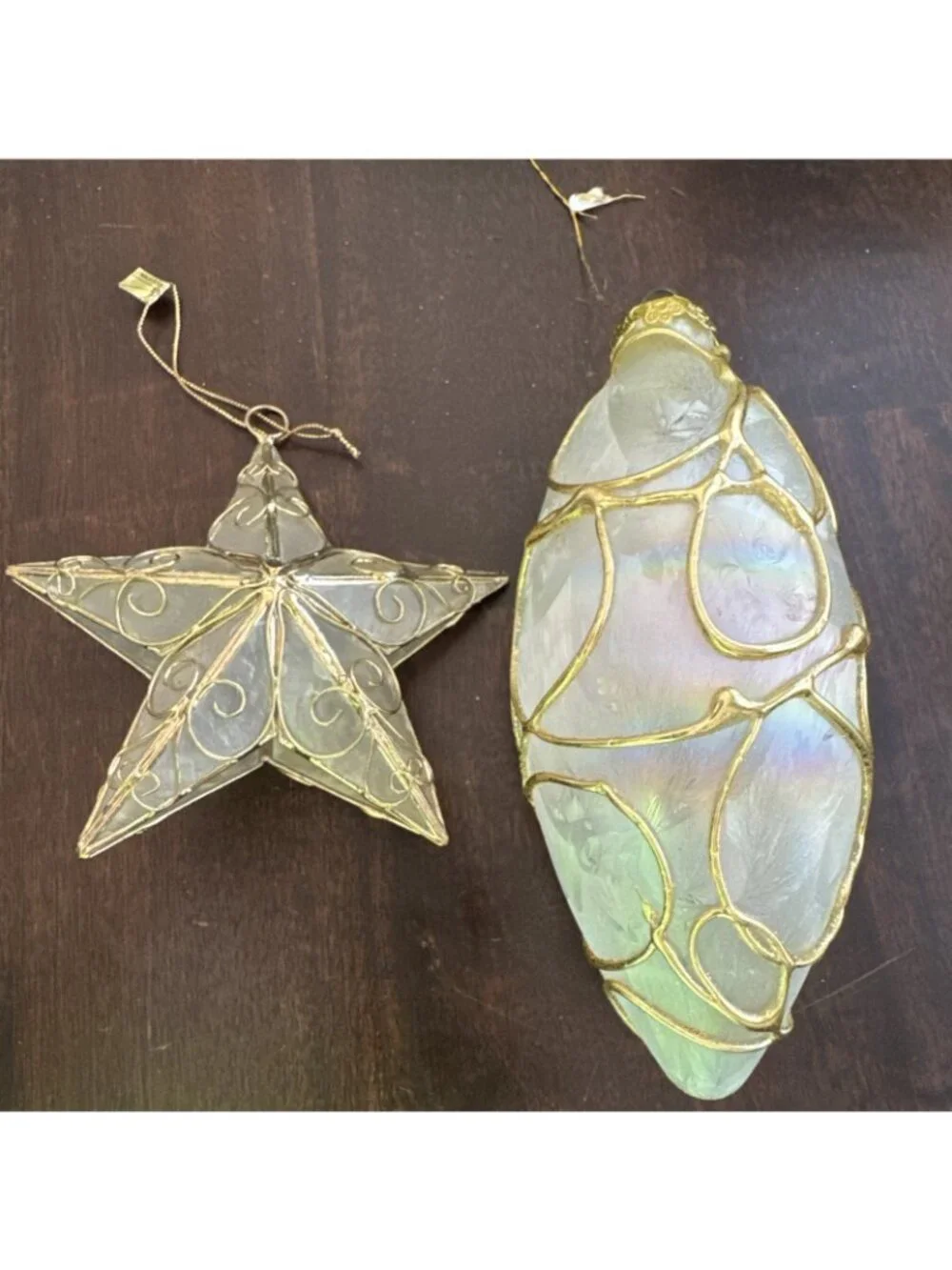Vintage Star/Oval Capiz Shell Ornaments Christmas 3D Gold Tone Filigree Philipin